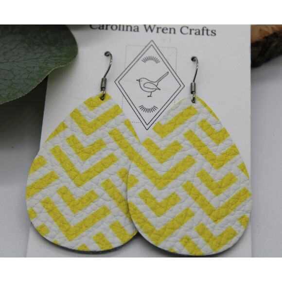 Lightweight Genuine Leather White and Yellow Teardrop Earrings - Picture 3 of 3